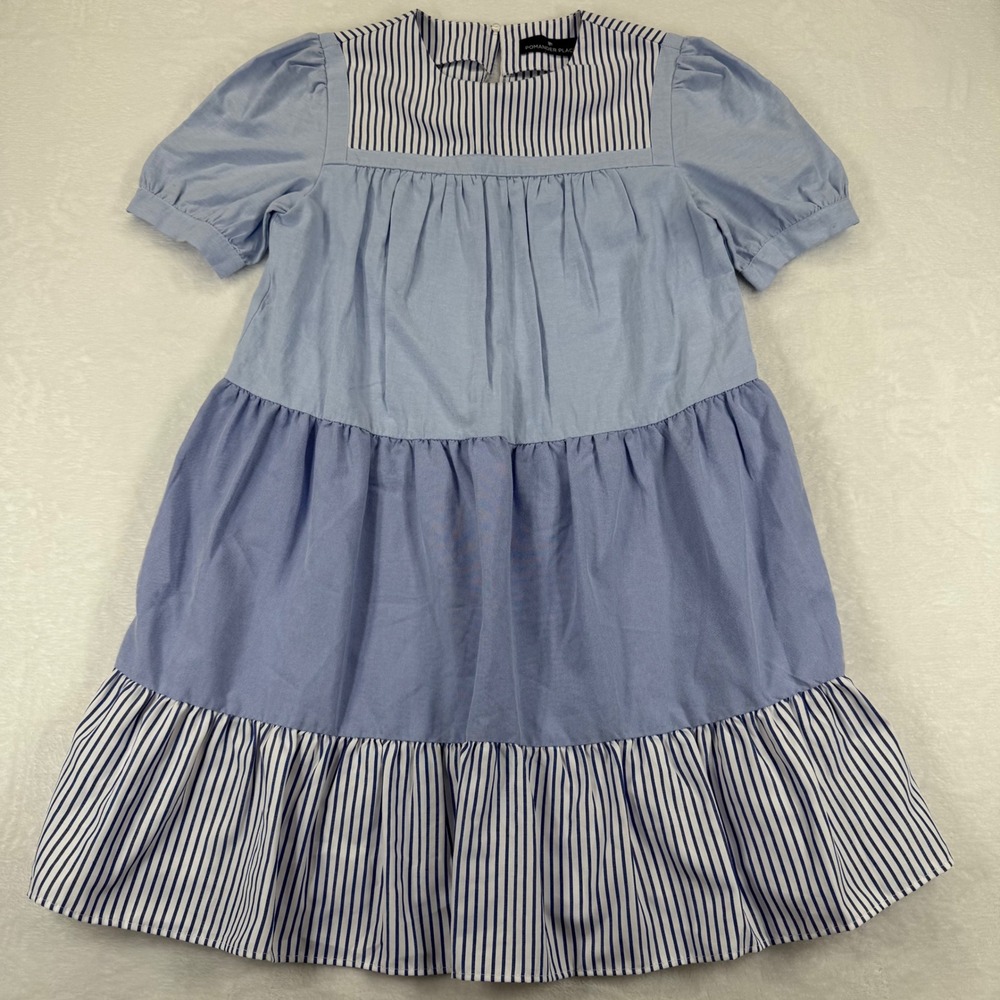 Pomander Place Womens Blue Striped‎ Tiered Babydoll Dress XS Cotton Colorblock